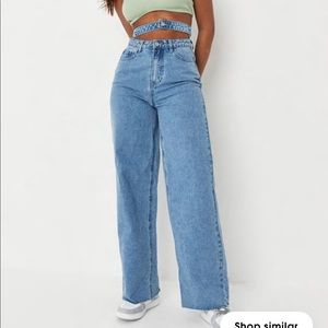 Double waistband blue wide straight leg jeans